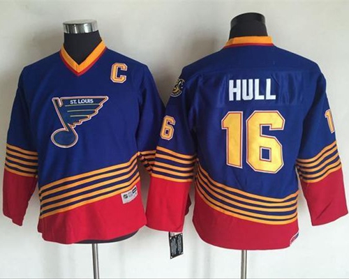 Blues #16 Brett Hull Light Blue/Red CCM Throwback Stitched Youth NHL Jersey - Click Image to Close